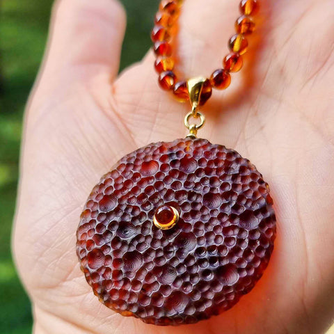 Cognac Amber Tablet Pendant Beaded Necklace 14K Gold Plated