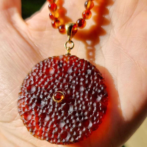 Cognac Amber Tablet Pendant Beaded Necklace 14K Gold Plated