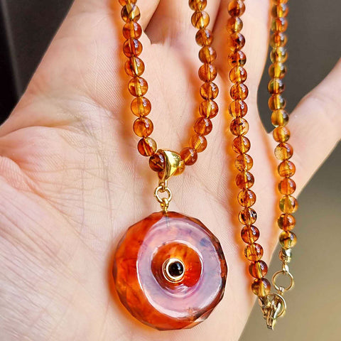 Cognac Amber Tablet Pendant Beaded Necklace 14K Gold Plated
