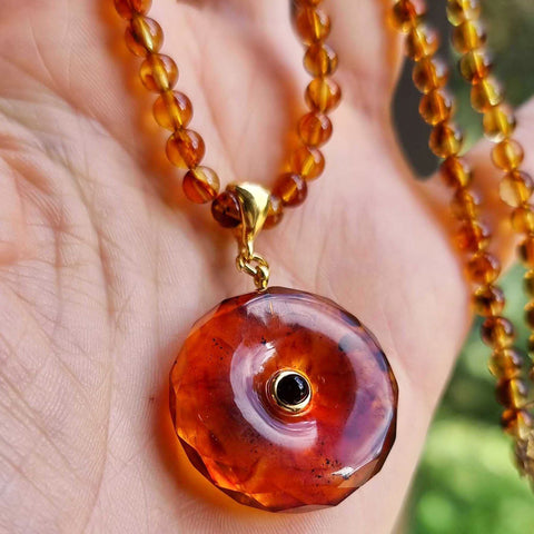 Cognac Amber Tablet Pendant Beaded Necklace 14K Gold Plated