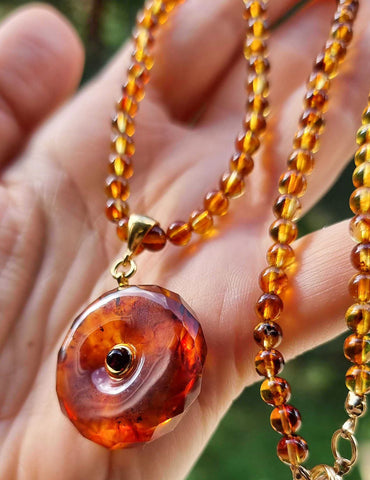 Cognac Amber Tablet Pendant Beaded Necklace 14K Gold Plated