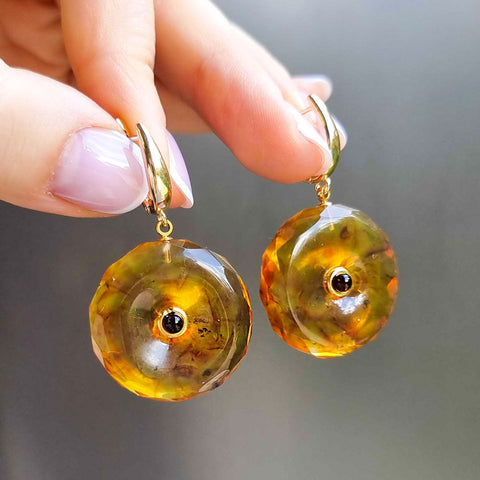 Light Cognac Amber Tablet Dangle Earrings 14K Gold Plated