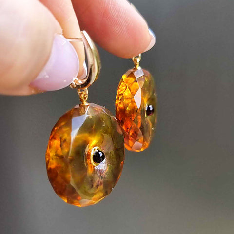 Light Cognac Amber Tablet Dangle Earrings 14K Gold Plated