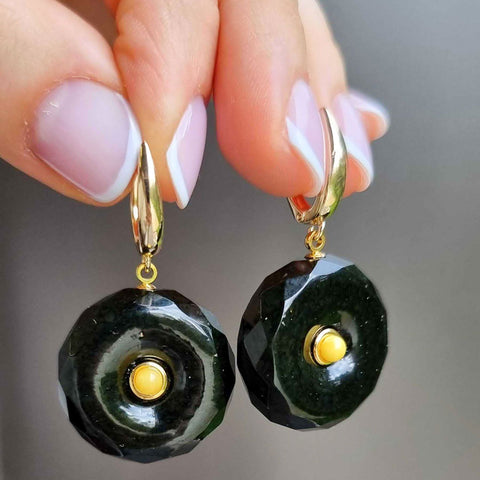 Black Amber Tablet Dangle Earrings 14K Gold Plated