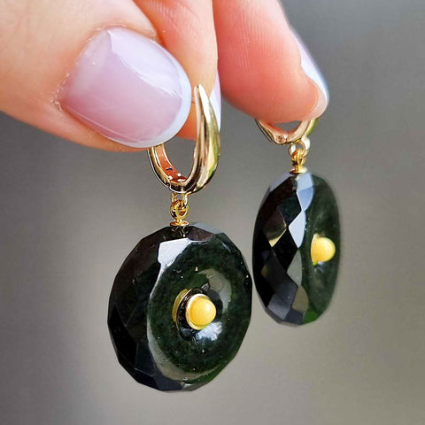 Black Amber Tablet Dangle Earrings 14K Gold Plated
