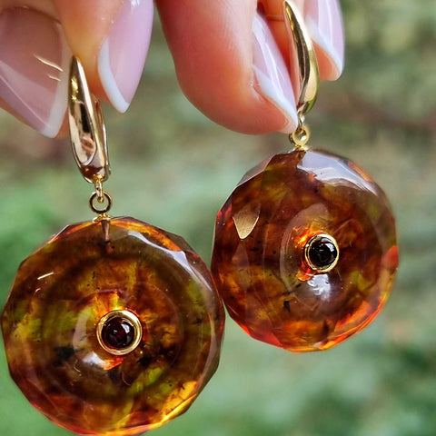 Cognac Amber Tablet Dangle Earrings 14K Gold Plated
