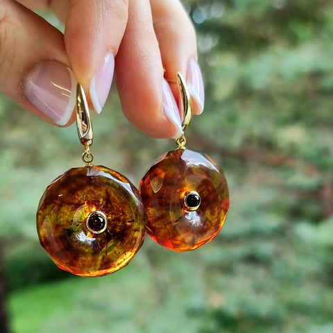 Cognac Amber Tablet Dangle Earrings 14K Gold Plated