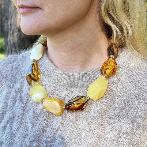Multi-Color Amber Faceted Nugget Beads Necklace Sterling Silver