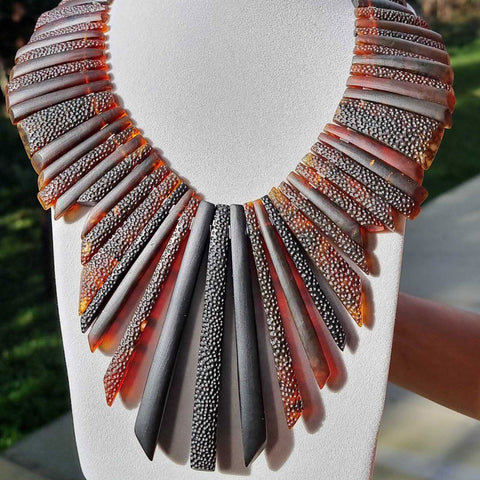Cognac Amber Crystal Beads Necklace Sterling Silver