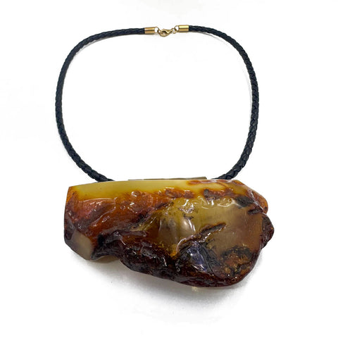 Milky Amber Free Shape Pendant Necklace With Leather
