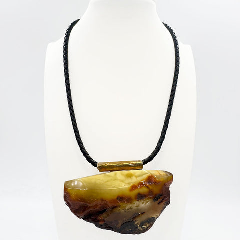 Milky Amber Free Shape Pendant Necklace With Leather