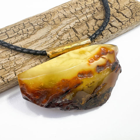 Milky Amber Free Shape Pendant Necklace With Leather