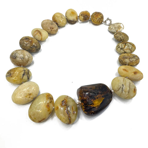 Milky Amber Big Nugget Beads Necklace Sterling Silver