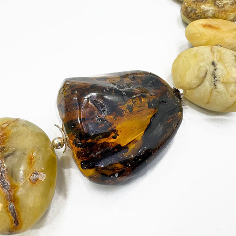Milky Amber Big Nugget Beads Necklace Sterling Silver