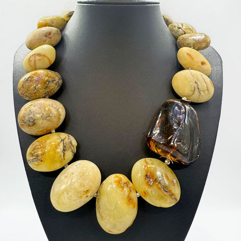 Milky Amber Big Nugget Beads Necklace Sterling Silver