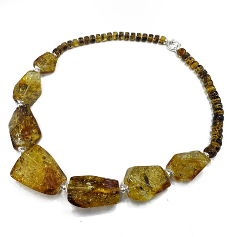 Fossil Amber Faceted Nugget Beads Necklace Sterling Silver