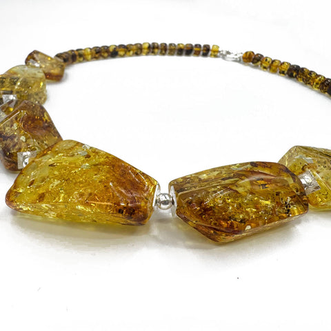 Fossil Amber Faceted Nugget Beads Necklace Sterling Silver