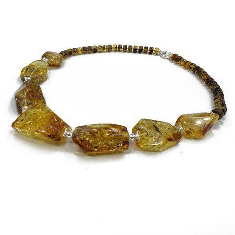 Fossil Amber Faceted Nugget Beads Necklace Sterling Silver