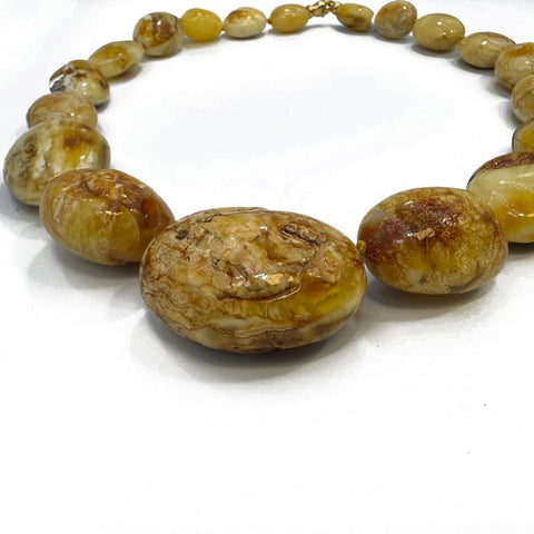 Milky Amber Big Nugget Beads Necklace 14k Gold Plated