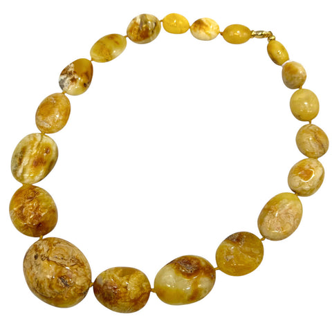 Milky Amber Big Nugget Beads Necklace 14k Gold Plated