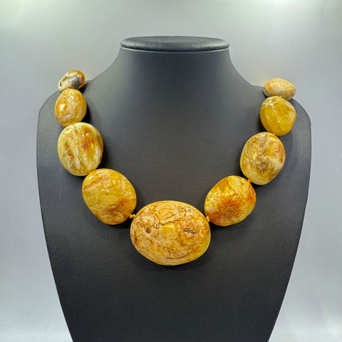 Milky Amber Big Nugget Beads Necklace 14k Gold Plated