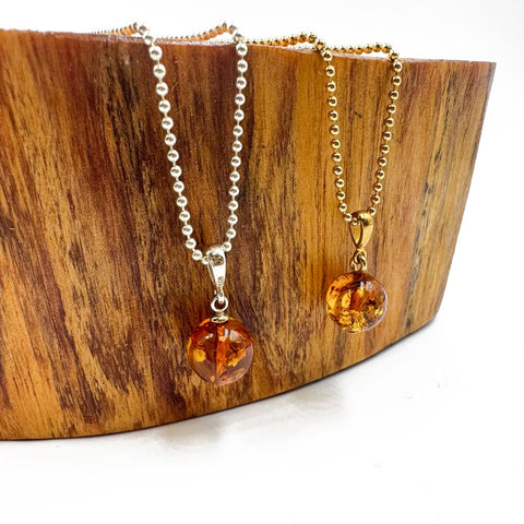 Cognac Amber Round Bead Pendant Chain Necklace 14k Gold Plated