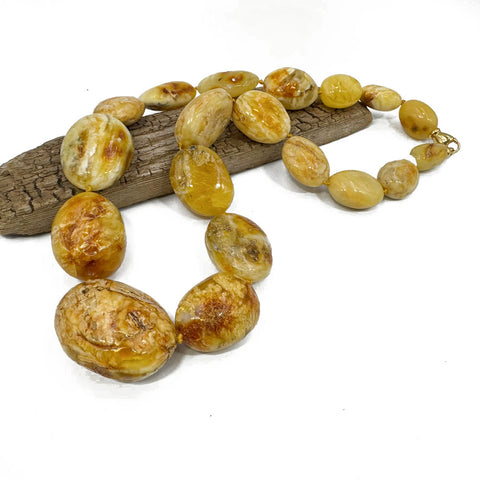 Milky Amber Big Nugget Beads Necklace 14k Gold Plated