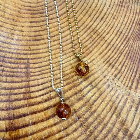 Cognac Amber Round Bead Pendant Chain Necklace 14k Gold Plated