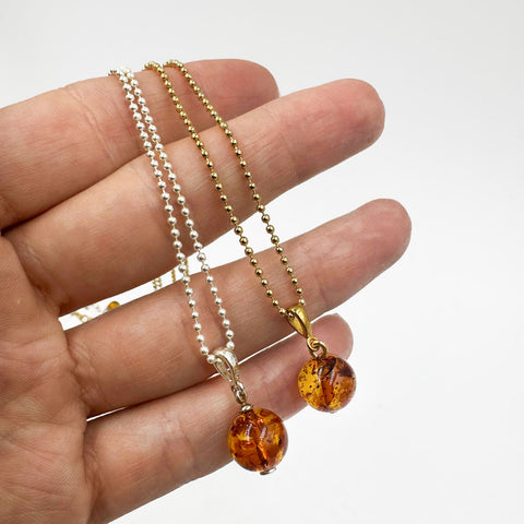 Cognac Amber Round Bead Pendant Chain Necklace 14k Gold Plated