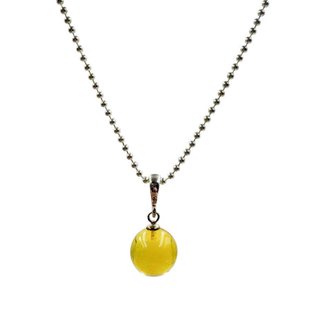 Lemon Amber Round Bead Pendant Chain Necklace Sterling Silver