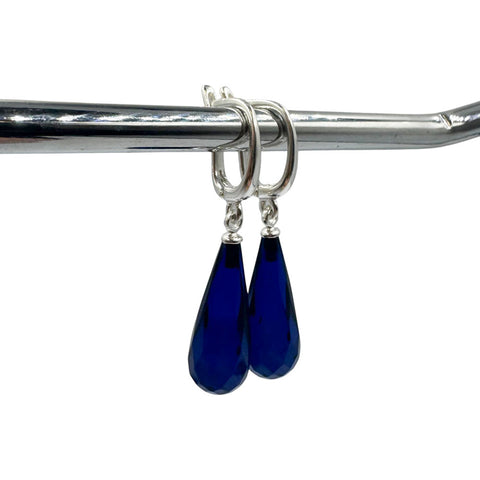 Blue Amber Faceted Teardrop Dangle Earrings Sterling Silver