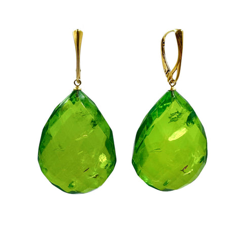 Green Amber Faceted Drop Dangle Earrings 14k Gold Plated