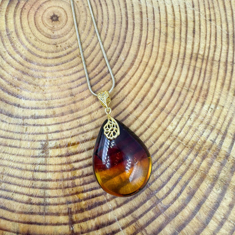 Rainbow Amber Drop Pendant & Chain Necklace 14K Gold Plated