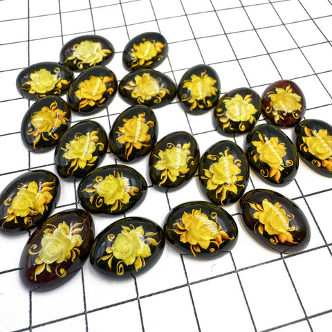 Cherry Amber Engraved Roses Oval Shape Cabochon
