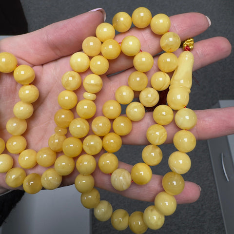 Yellow With White Amber Round Shape 10.5 mm Islamic Rosary Beads