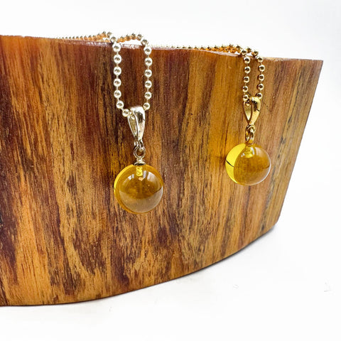 Lemon Amber Round Bead Pendant Chain Necklace 14k Gold Plated