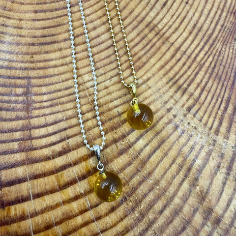 Lemon Amber Round Bead Pendant Chain Necklace 14k Gold Plated