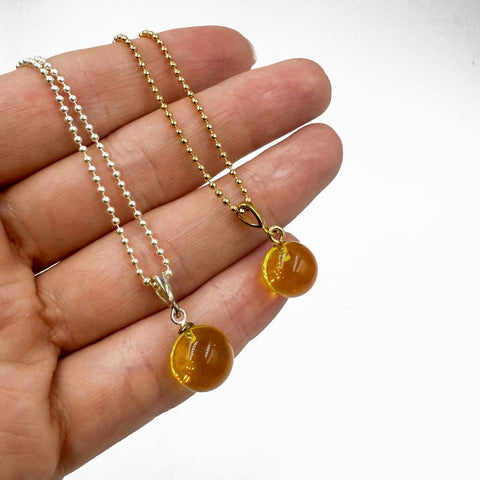 Lemon Amber Round Bead Pendant Chain Necklace 14k Gold Plated