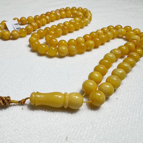 Yellow with White Amber Round Shape 8 mm Islamic Prayer Beads