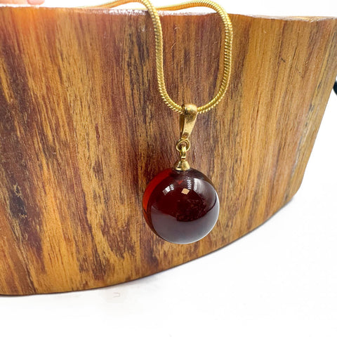 Cherry Amber Round Bead Pendant Chain Necklace 14k Gold Plated