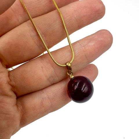 Cherry Amber Round Bead Pendant Chain Necklace 14k Gold Plated
