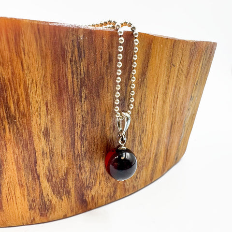 Cherry Amber Round Bead Pendant Chain Necklace Sterling Silver