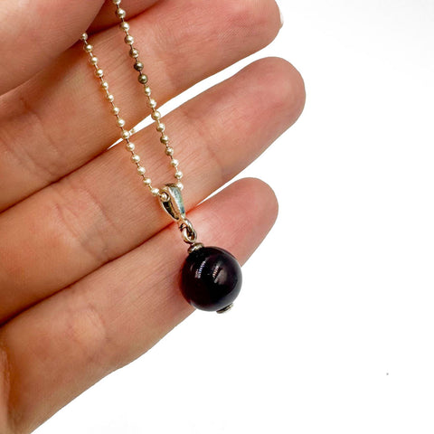 Cherry Amber Round Bead Pendant Chain Necklace Sterling Silver