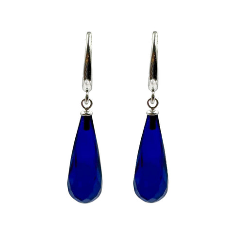 Blue Amber Faceted Teardrop Dangle Earrings Sterling Silver