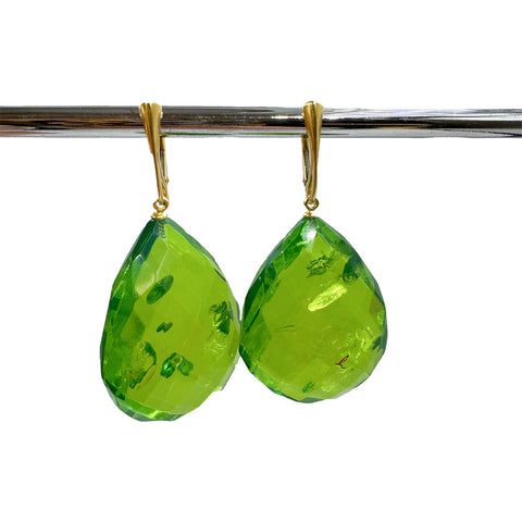 Green Amber Faceted Drop Dangle Earrings 14k Gold Plated