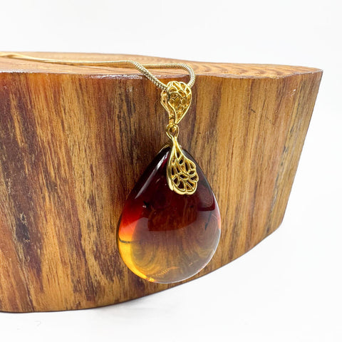 Rainbow Amber Drop Pendant & Chain Necklace 14K Gold Plated