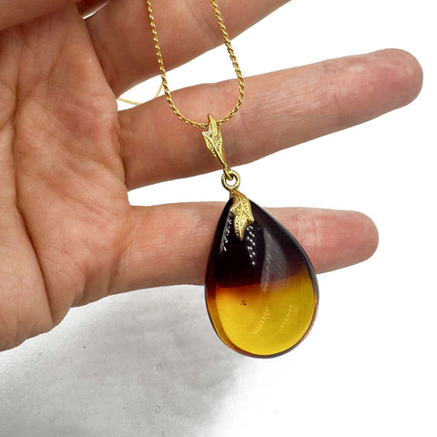 Rainbow Amber Drop Pendant & Chain Necklace 14K Gold Plated