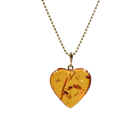 Cognac Amber Heart Pendant & Chain Necklace 14K Gold Plated