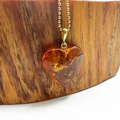 Cognac Amber Heart Pendant & Chain Necklace 14K Gold Plated