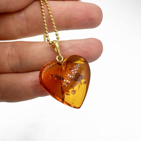 Cognac Amber Heart Pendant & Chain Necklace 14K Gold Plated